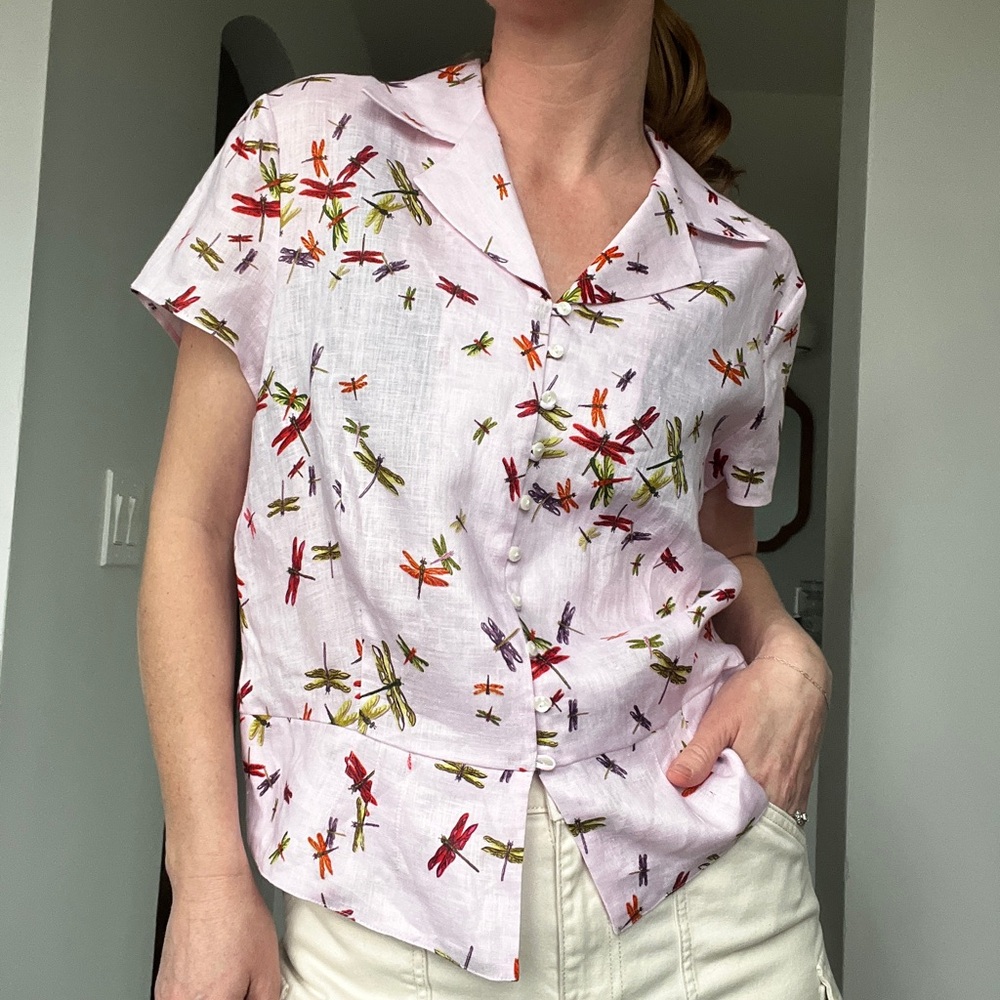 Liz Claiborne linen Pink Dragonfly Print Button Down Shirt